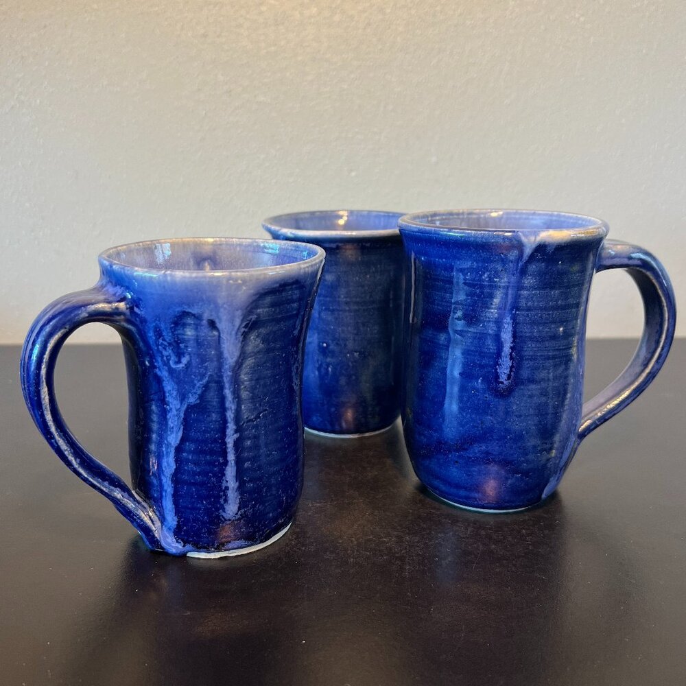 Set of 3 Handcrafted Studio Art Signed Pottery Hand Thrown Mugs Blue Drip Glaze